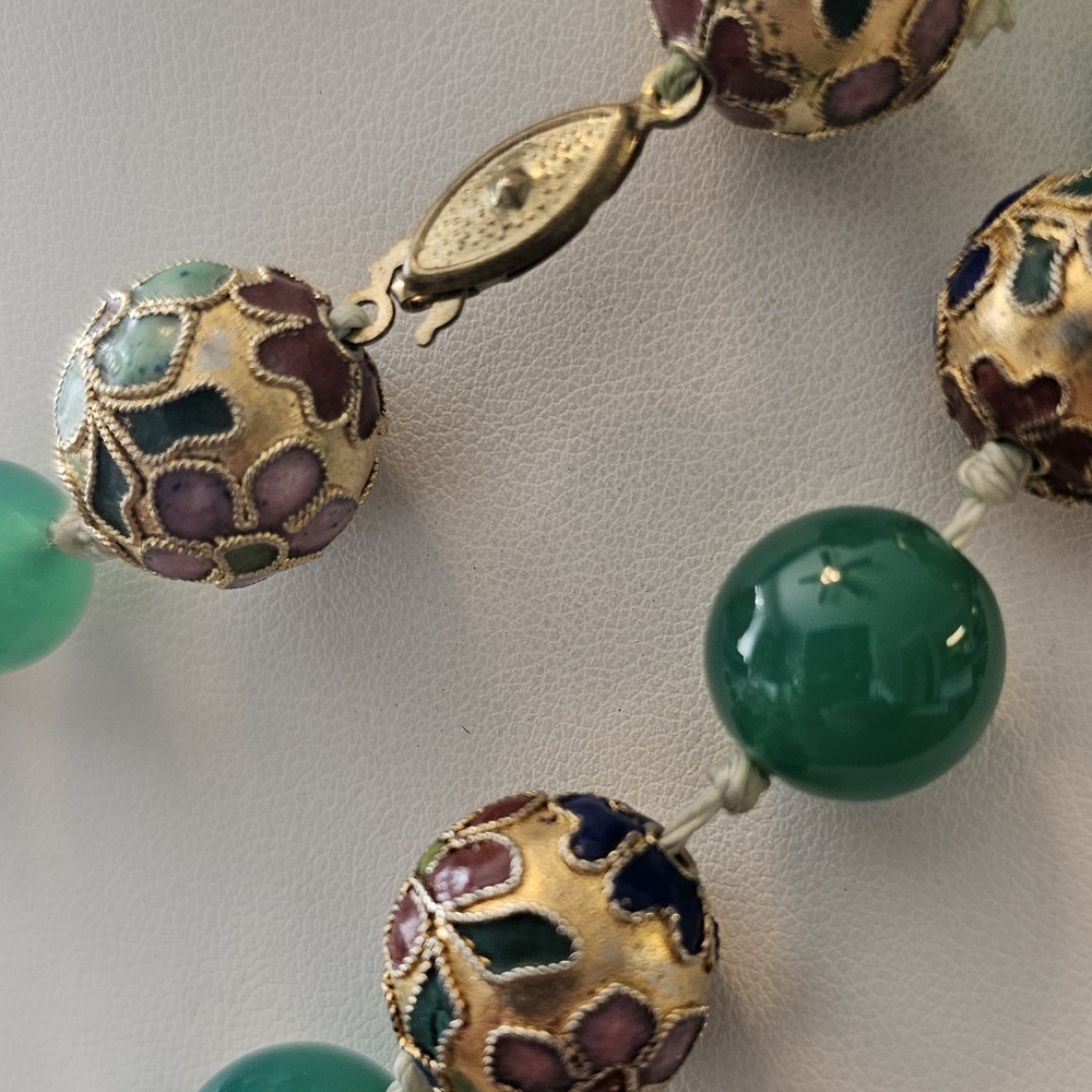 Rare Chinese Champleve Cloisonne Enamel Jadine/Green Chalcedony Beads Necklace. - Picture 5 of 8